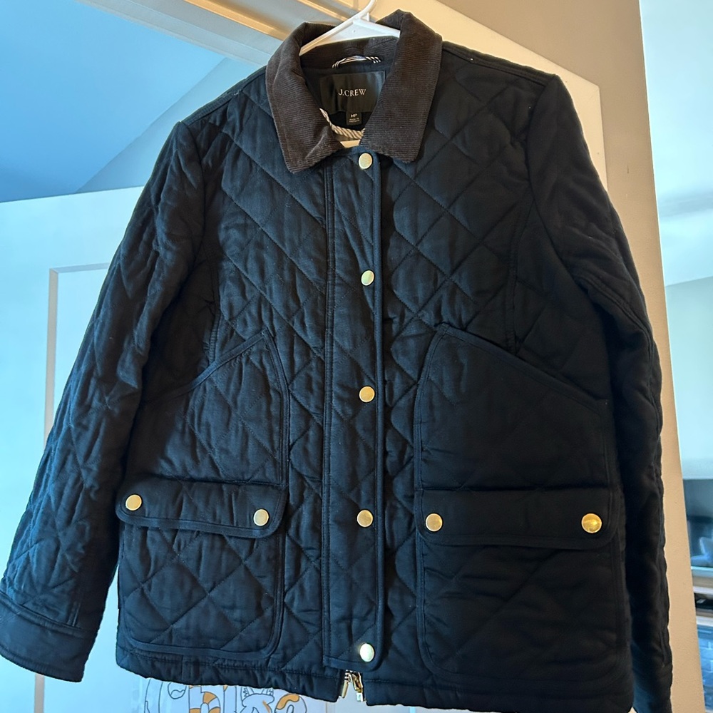 J. Crew Dark Navy Quilted Utility Jacket with Brown Collar